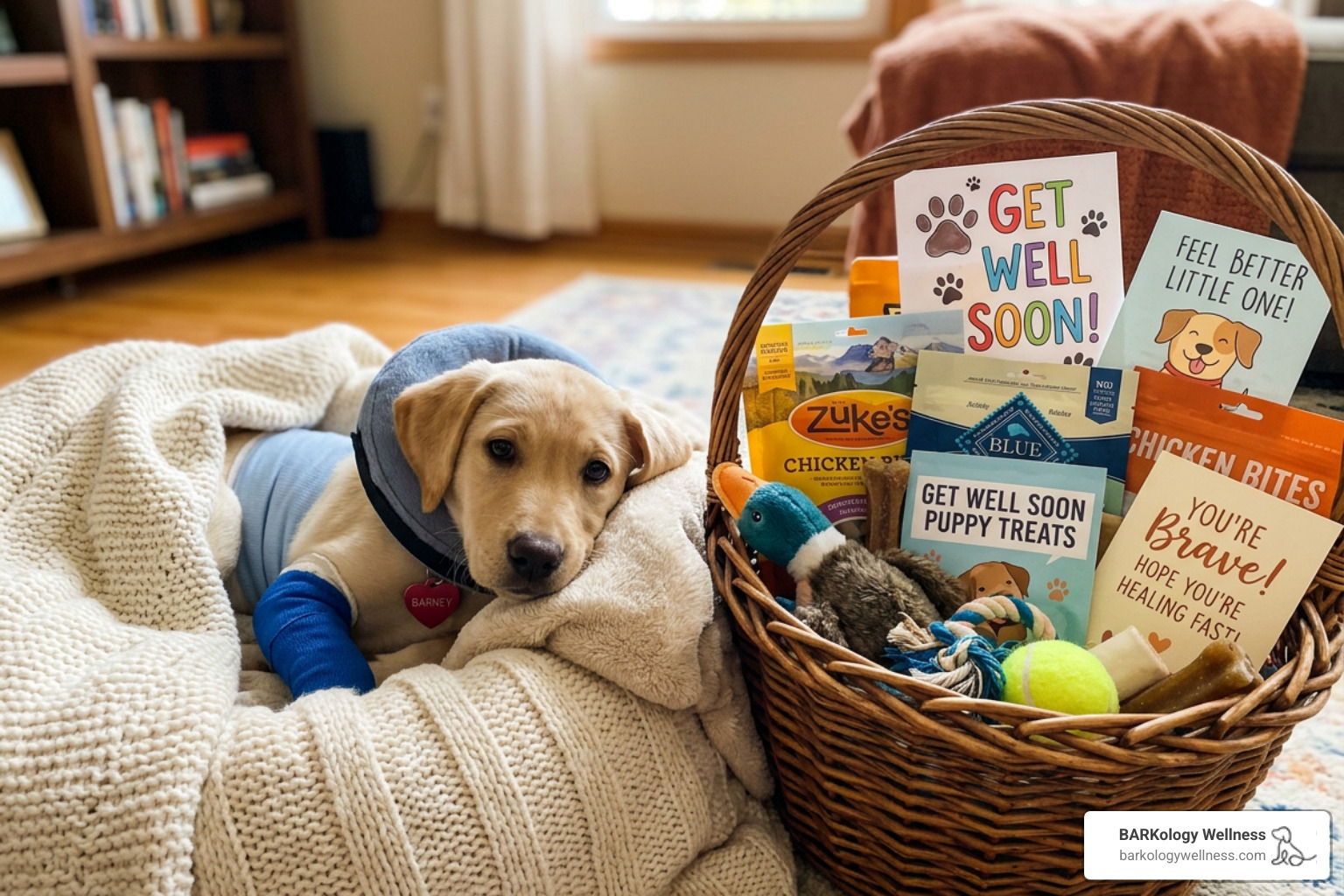 dog get well package with gift basket and recovering puppy - dog get well package dog get well package with gift basket and recovering puppy - dog get well package