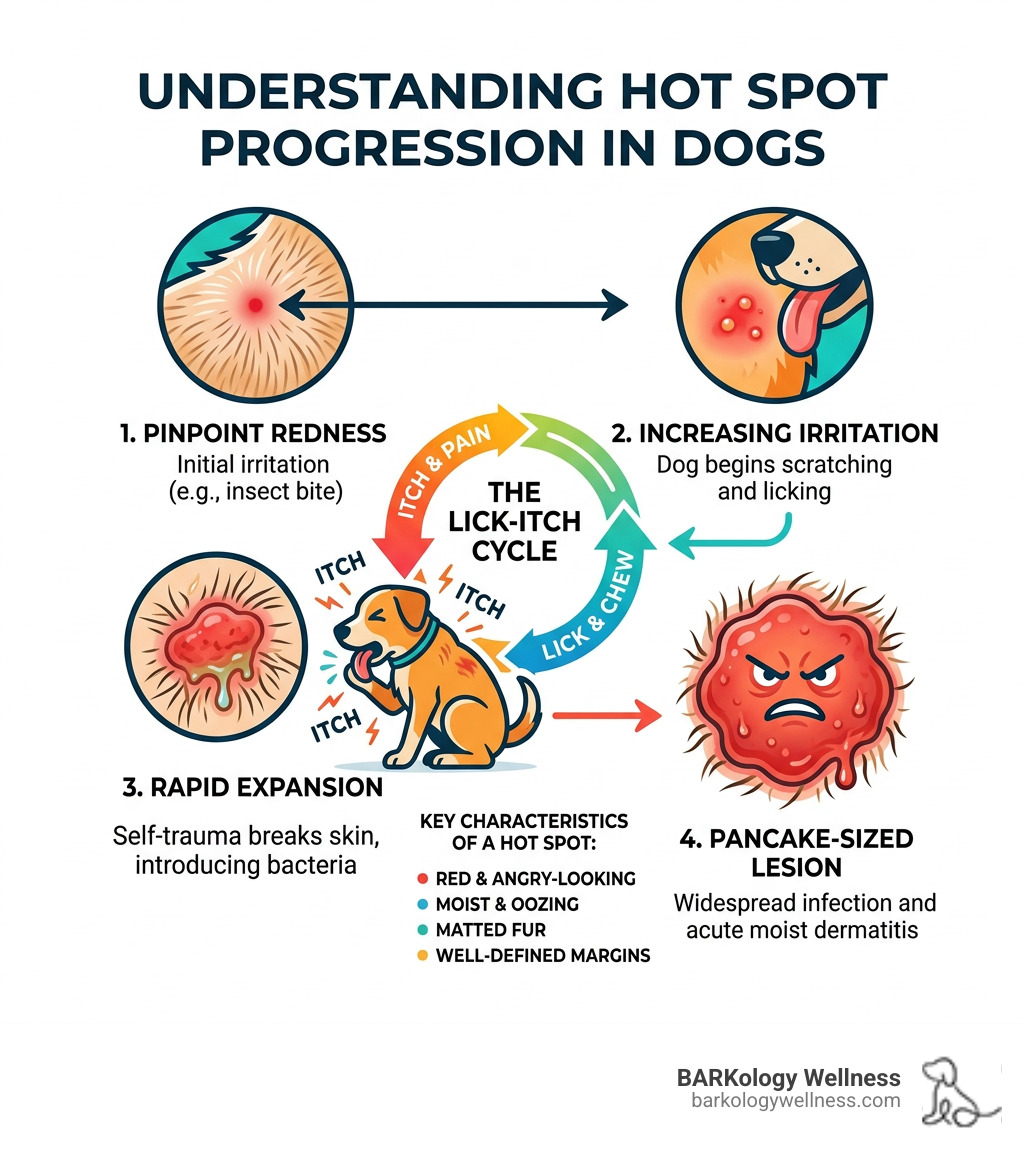 Infographic showing hot spot progression from pinpoint redness to pancake-sized lesion with lick-itch cycle stages - hot Infographic showing hot spot progression from pinpoint redness to pancake-sized lesion with lick-itch cycle stages - hot