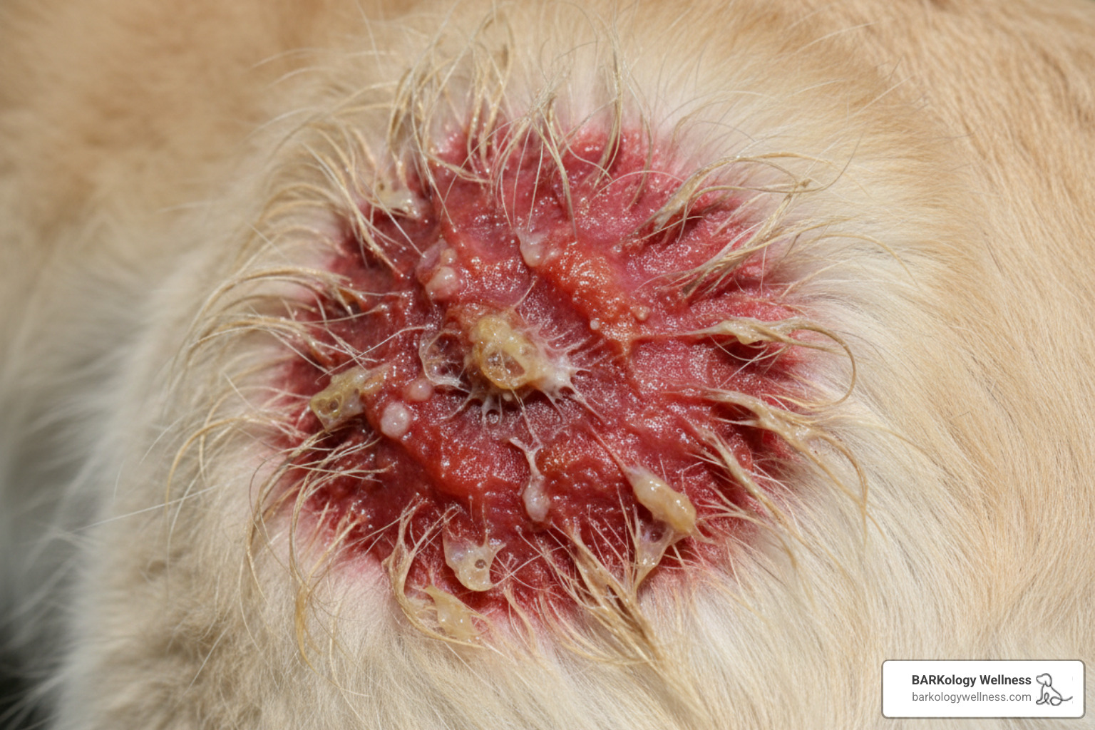 A classic red, oozing hot spot on a dog's hip with matted fur around the edges - hot spot treatment dog A classic red, oozing hot spot on a dog's hip with matted fur around the edges - hot spot treatment dog