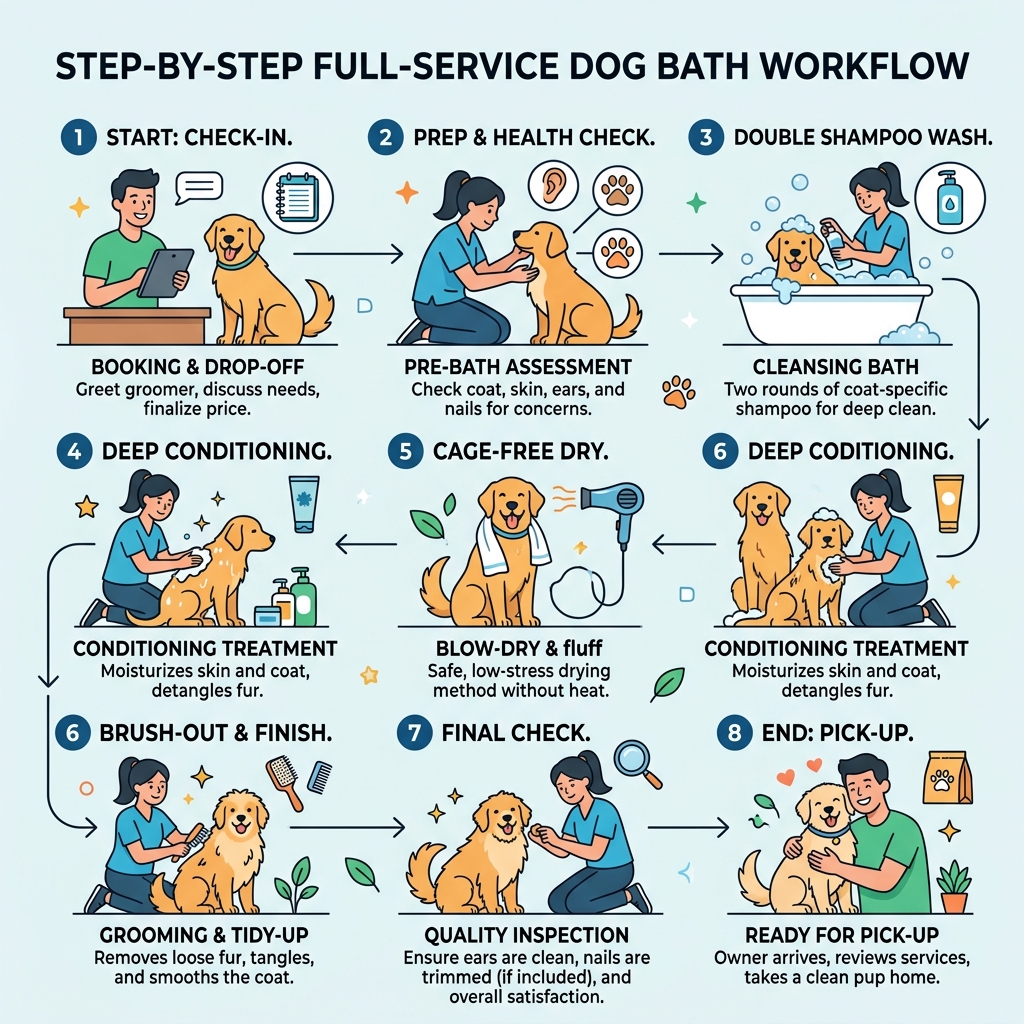 Infographic showing full service dog bath workflow from check-in to brush-out and pick-up - Full service dog bath Infographic showing full service dog bath workflow from check-in to brush-out and pick-up - Full service dog bath