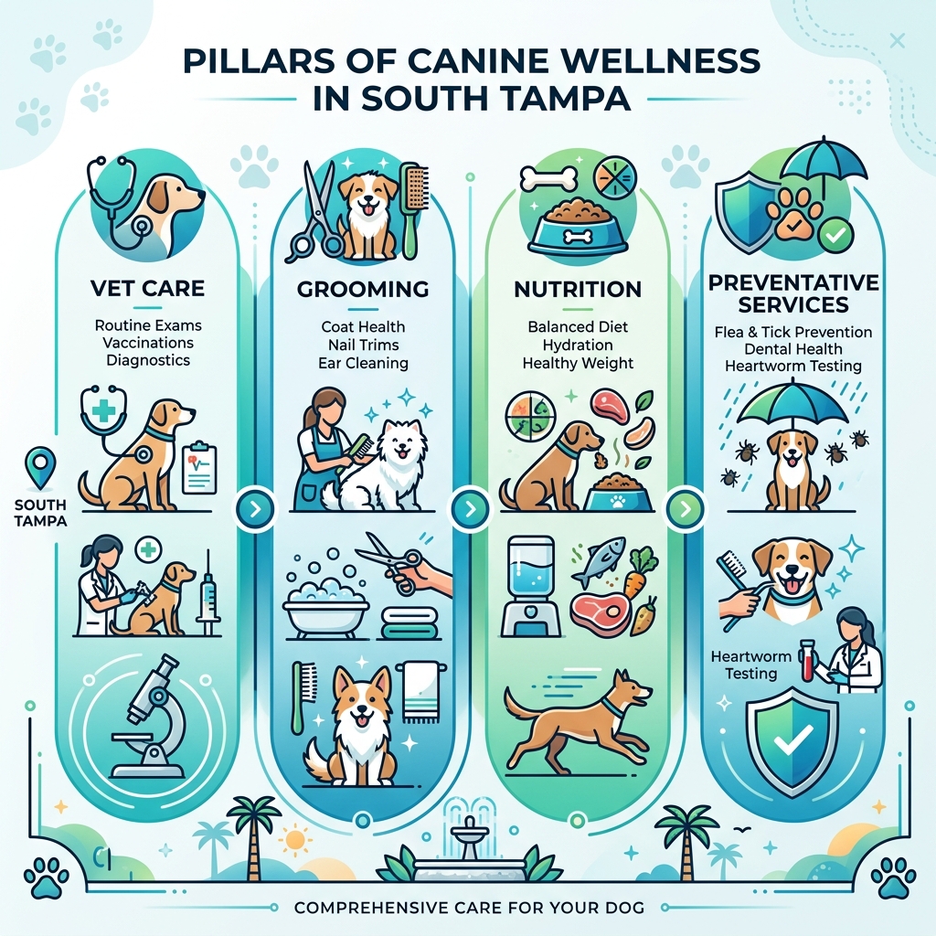 Pillars of canine wellness in South Tampa including vet care, grooming, nutrition, and preventative services - dog wellness Pillars of canine wellness in South Tampa including vet care, grooming, nutrition, and preventative services - dog wellness