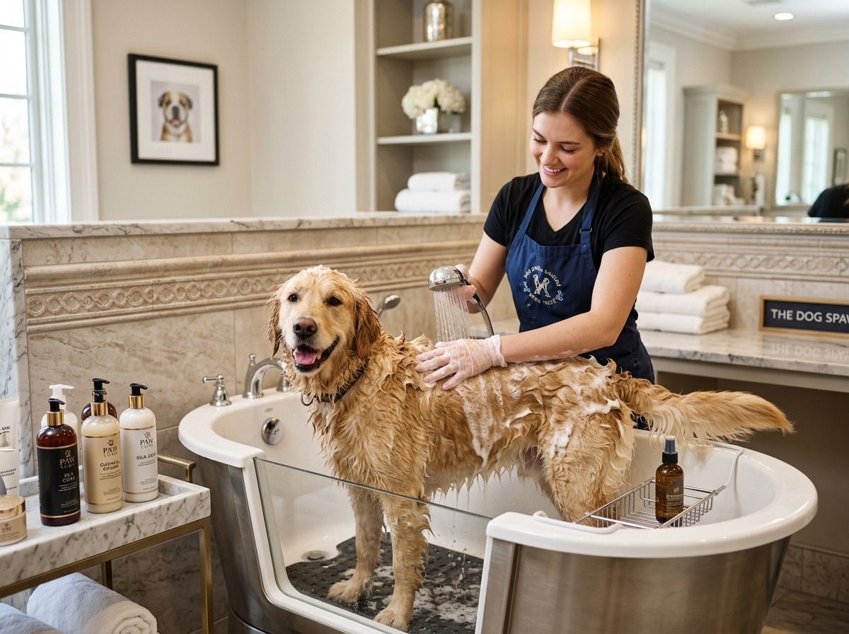 A happy dog receiving a professional bath in a luxury setting - dog grooming memberships South Tampa A happy dog receiving a professional bath in a luxury setting - dog grooming memberships South Tampa