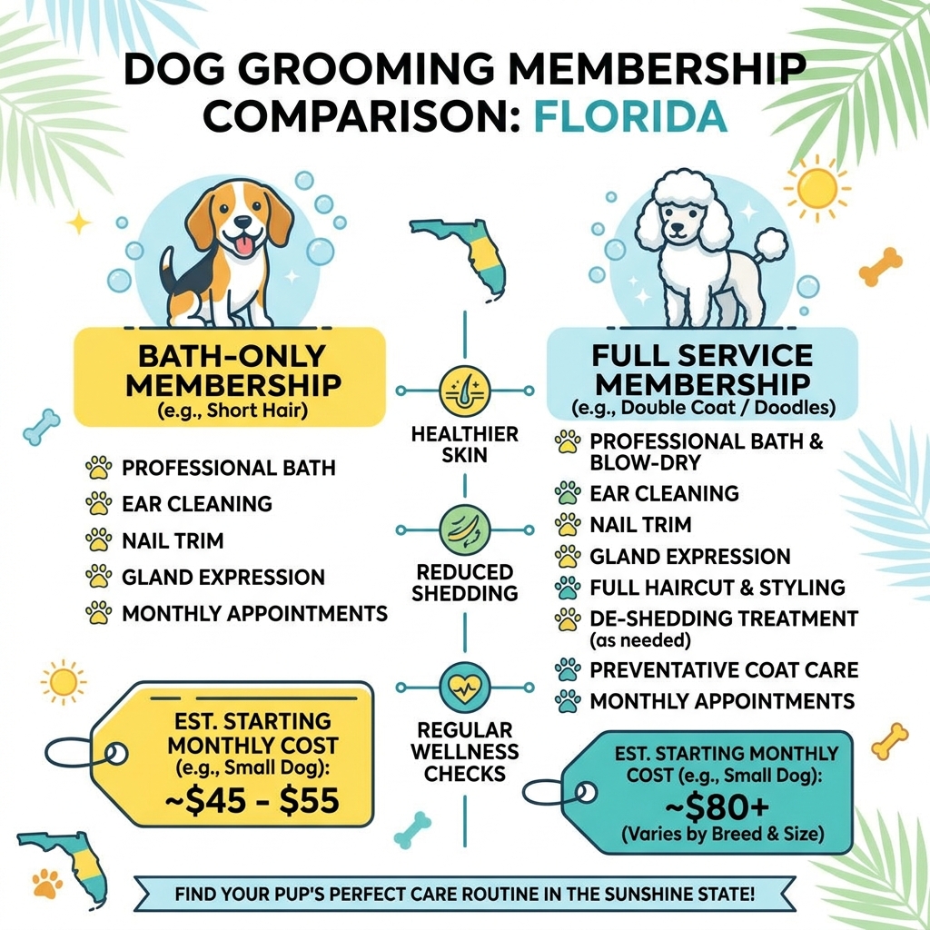 Comparison table of bath only vs full service membership costs in Florida - dog grooming memberships Florida infographic Comparison table of bath only vs full service membership costs in Florida - dog grooming memberships Florida infographic