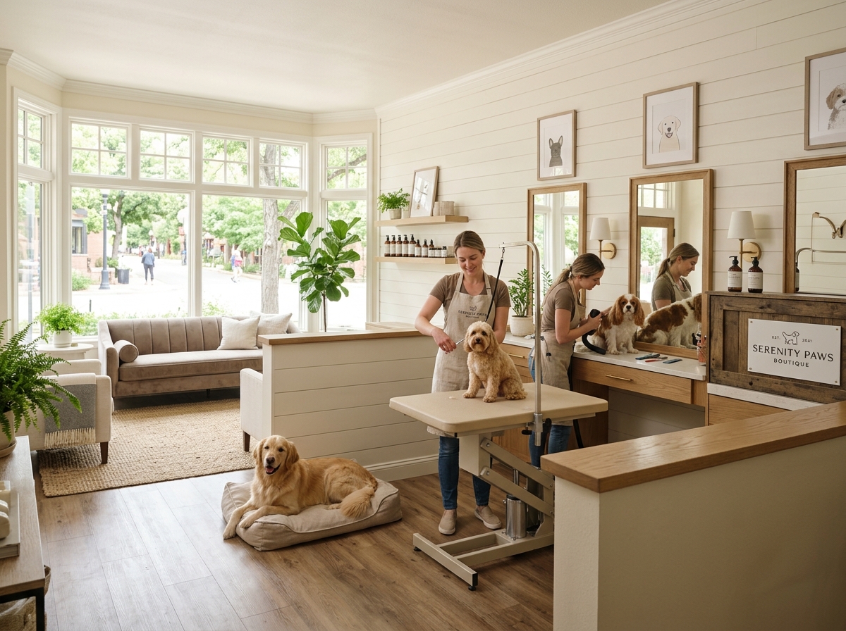 A serene, boutique grooming salon interior showing a calm and quiet environment - luxury pet groomers A serene, boutique grooming salon interior showing a calm and quiet environment - luxury pet groomers