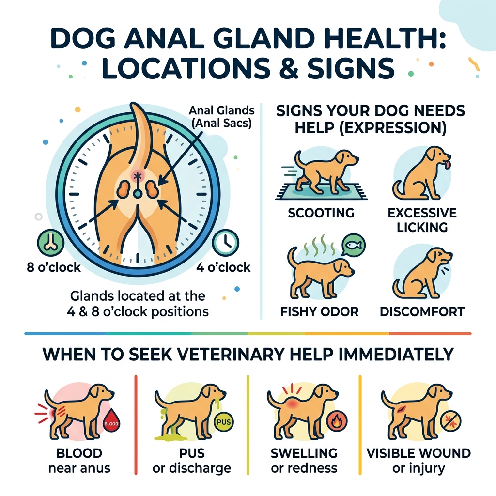infographic showing dog anal gland locations at 4 and 8 o'clock positions around the anus with expression signs and when to infographic showing dog anal gland locations at 4 and 8 o'clock positions around the anus with expression signs and when to
