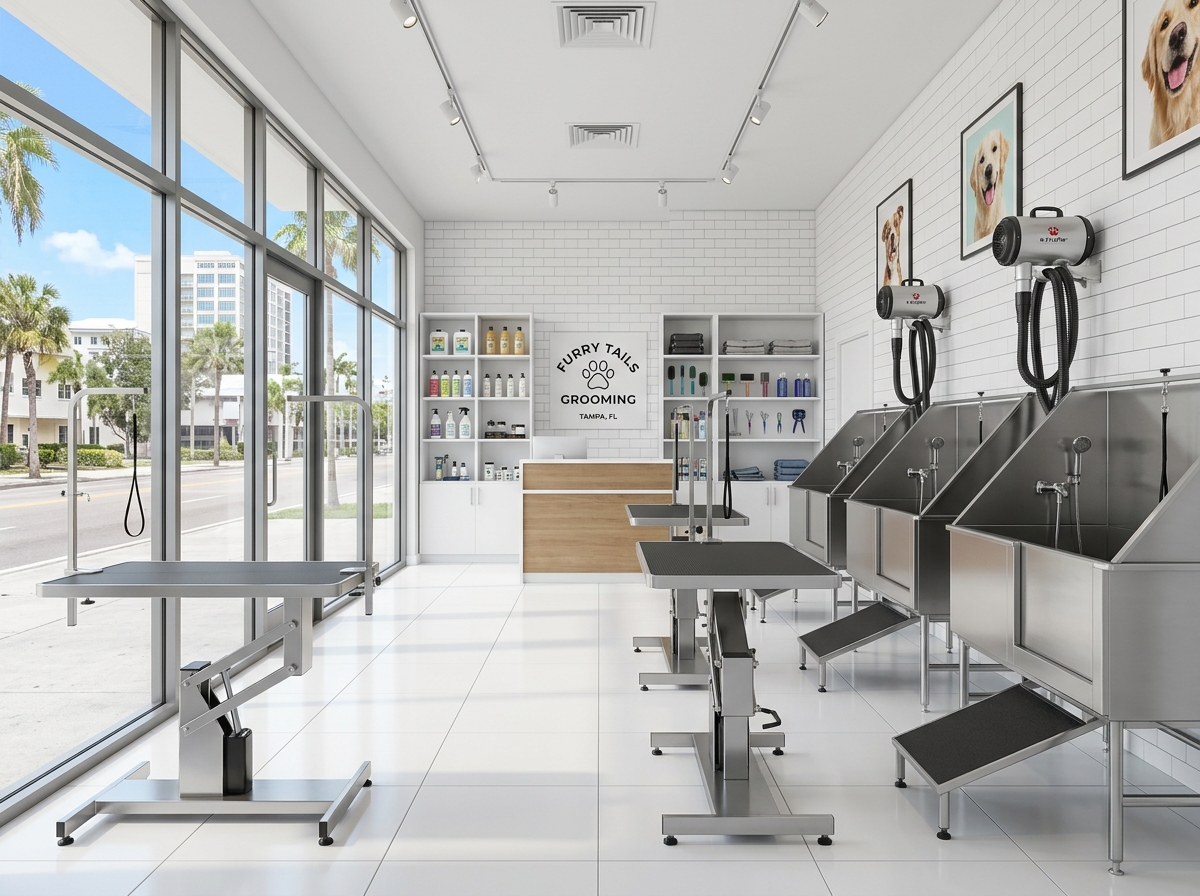 Interior of a modern, clean dog grooming salon in Tampa - dog groomer Tampa Interior of a modern, clean dog grooming salon in Tampa - dog groomer Tampa