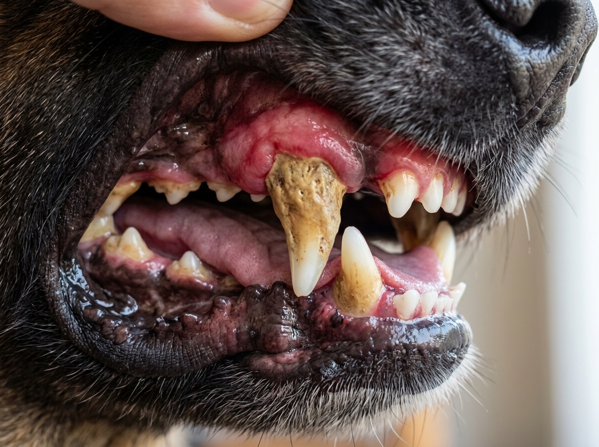 Close-up image of heavy tartar buildup and gingivitis on canine teeth - Bad breath in dogs Close-up image of heavy tartar buildup and gingivitis on canine teeth - Bad breath in dogs