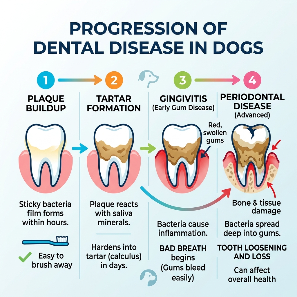 Infographic showing progression from plaque buildup to tartar, gingivitis, and periodontal disease in dogs - Bad breath in Infographic showing progression from plaque buildup to tartar, gingivitis, and periodontal disease in dogs - Bad breath in