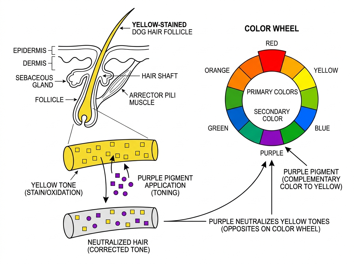 Diagram showing how purple pigments neutralize yellow stains on a hair follicle - Whitening dog shampoo Diagram showing how purple pigments neutralize yellow stains on a hair follicle - Whitening dog shampoo