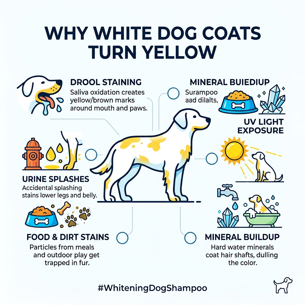 Infographic: Why white dog coats turn yellow, causes include drool, urine, food stains, UV exposure, and mineral buildup Infographic: Why white dog coats turn yellow, causes include drool, urine, food stains, UV exposure, and mineral buildup