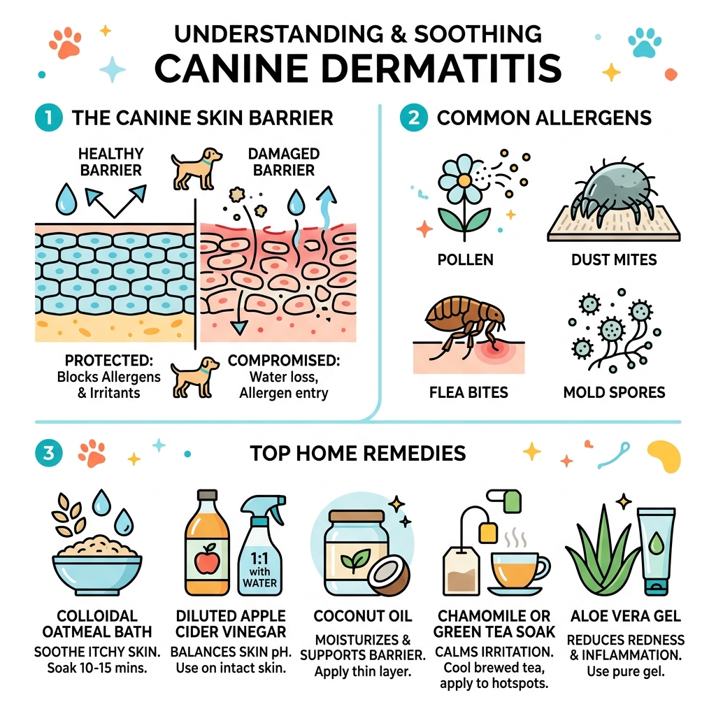 Infographic showing the canine skin barrier, common allergens like pollen and dust mites, and top home remedies - canine