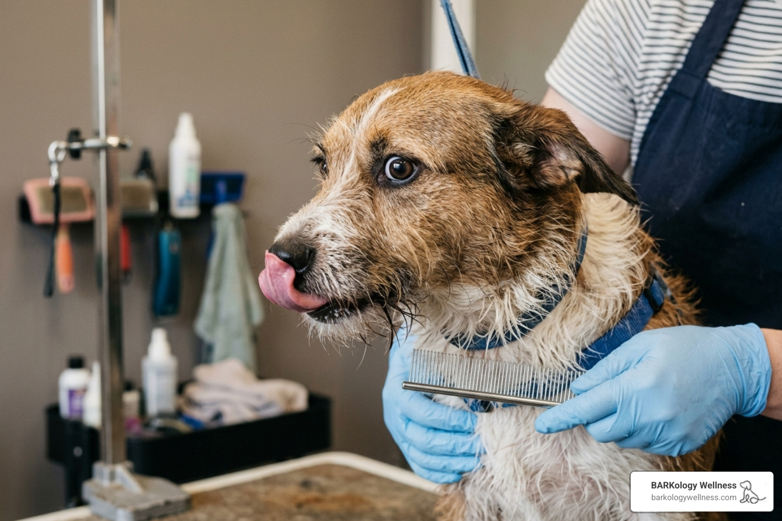 A dog showing stress signals like lip licking and wide eyes - dog grooming anxiety A dog showing stress signals like lip licking and wide eyes - dog grooming anxiety