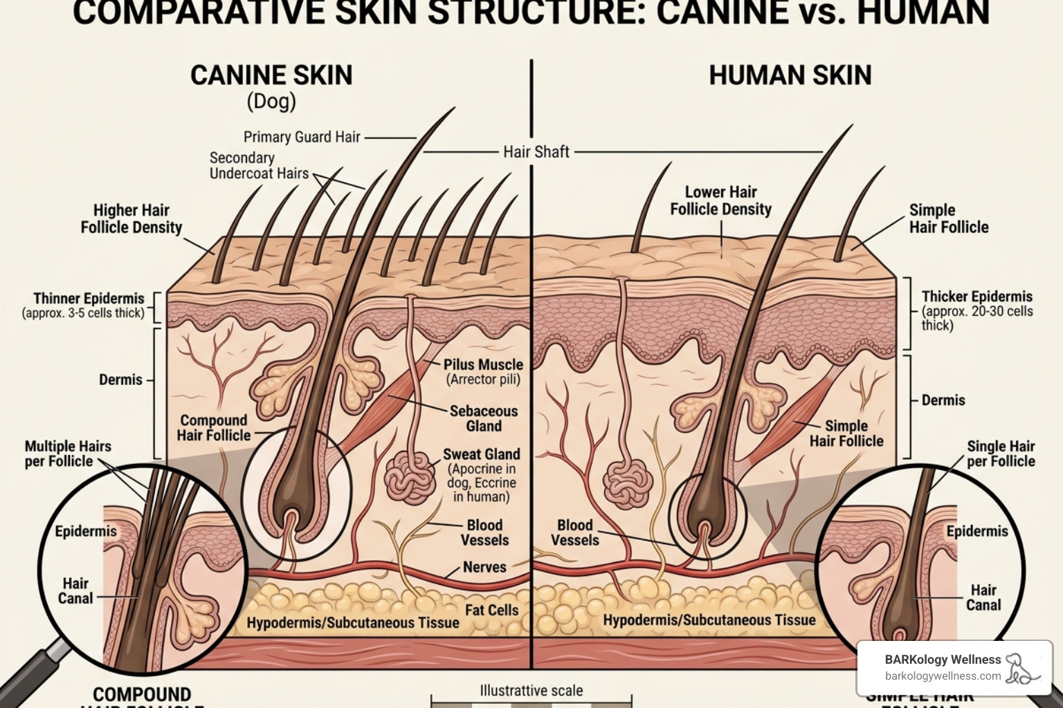 diagram comparing canine and human skin layers showing epidermis thickness and follicle density - dog grooming science