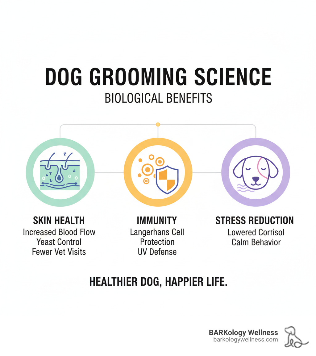 infographic showing biological benefits of regular dog grooming on skin, immunity, and stress - dog grooming science