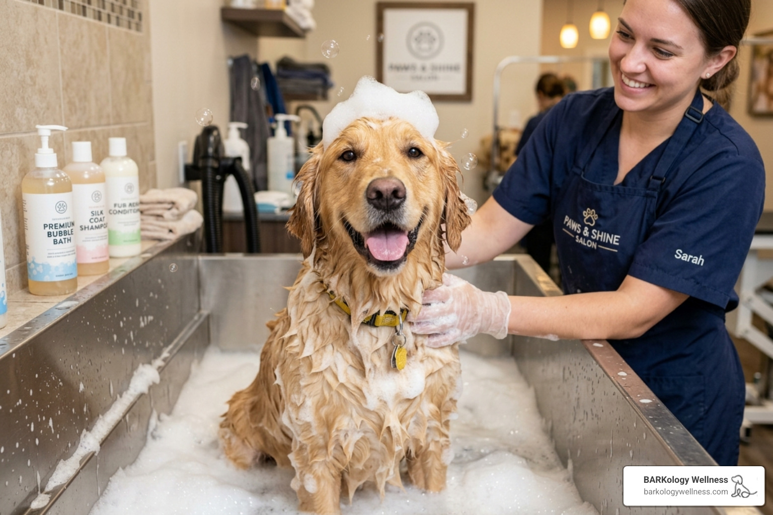 A happy dog receiving a luxury bath with premium suds - dog grooming South Florida A happy dog receiving a luxury bath with premium suds - dog grooming South Florida