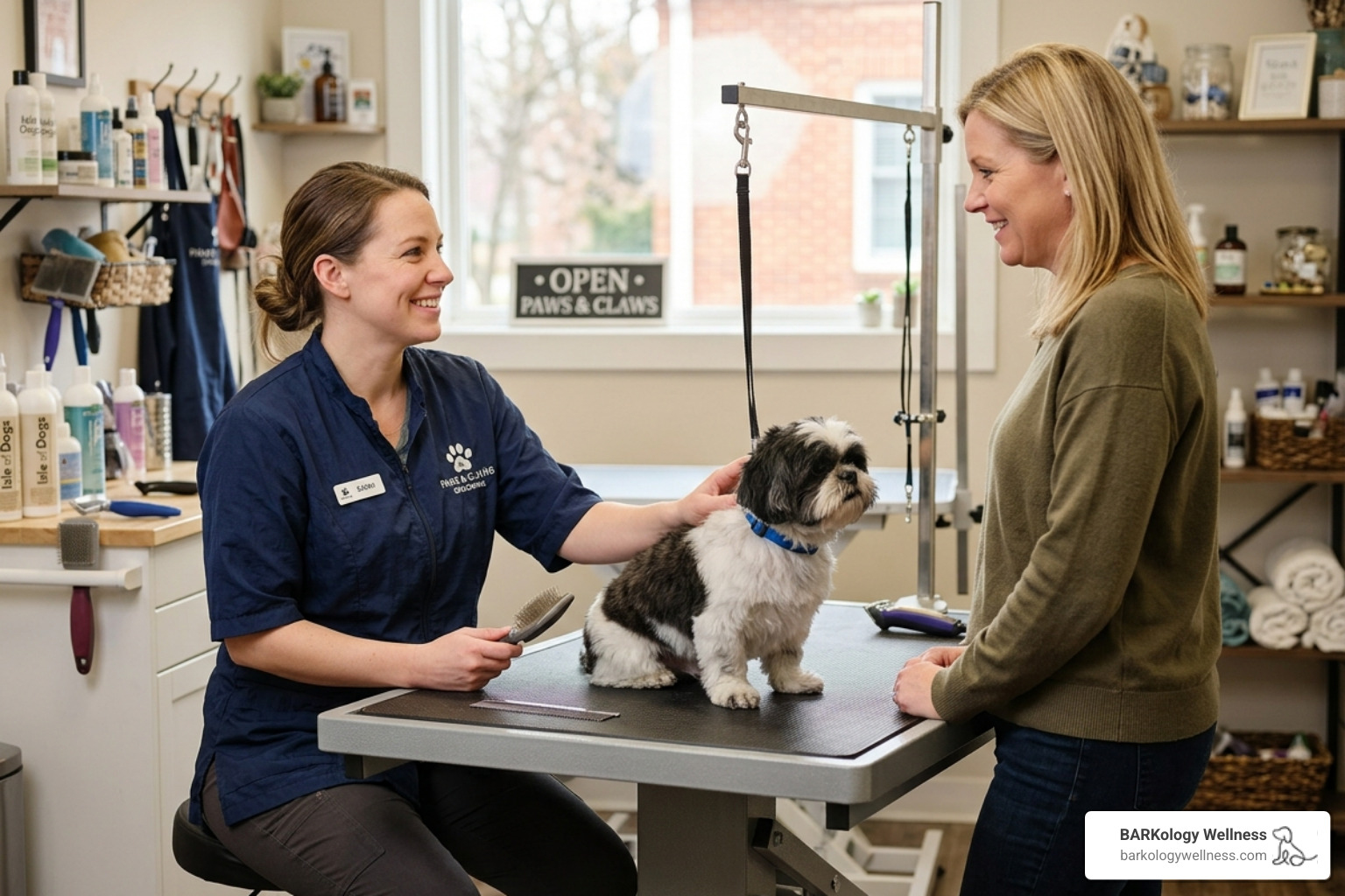 Groomer performing a one-on-one consultation with a pet owner - custom dog grooming Groomer performing a one-on-one consultation with a pet owner - custom dog grooming