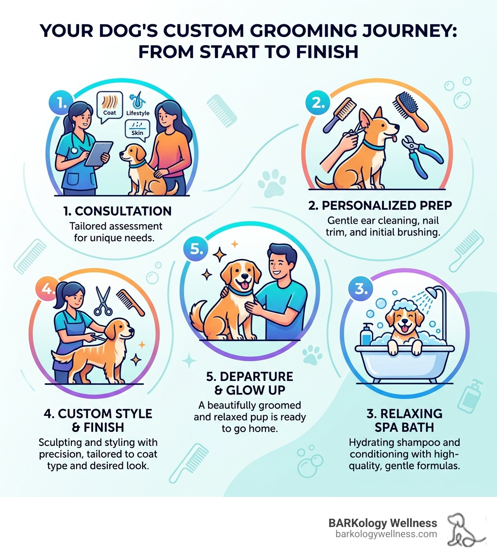 Step-by-step custom dog grooming journey from consultation to pick-up - custom dog grooming infographic Step-by-step custom dog grooming journey from consultation to pick-up - custom dog grooming infographic