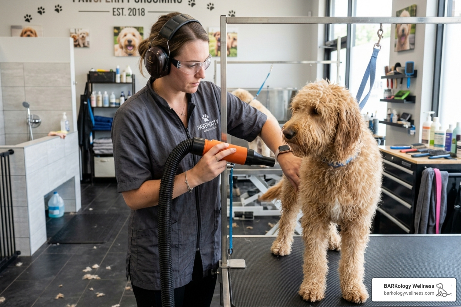 Groomer wearing ear defenders and safety goggles while using a high-velocity dryer - dog groomer health problems Groomer wearing ear defenders and safety goggles while using a high-velocity dryer - dog groomer health problems