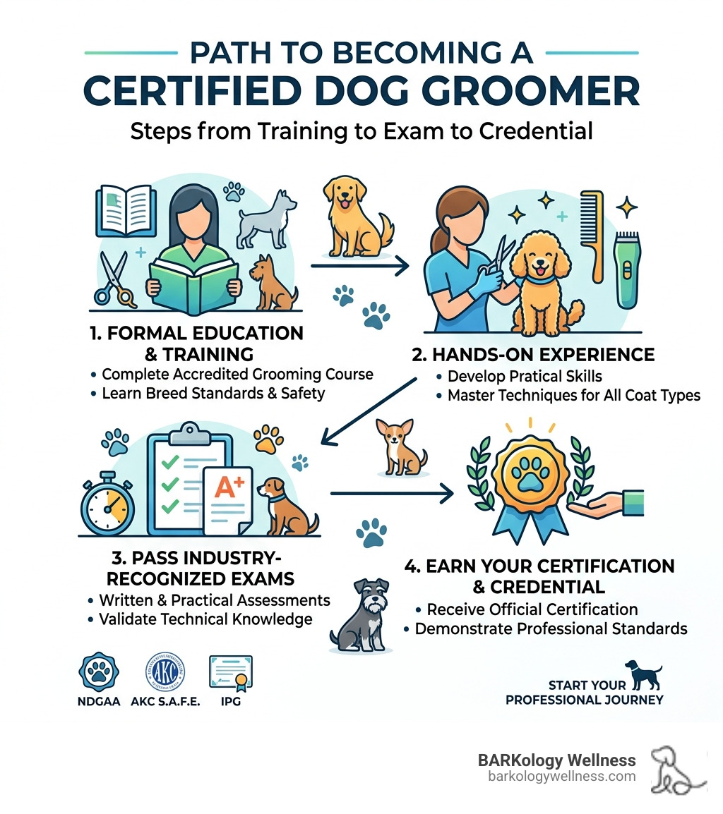 Path to becoming a certified dog groomer: steps from training to exam to credential - certified dog groomer infographic 