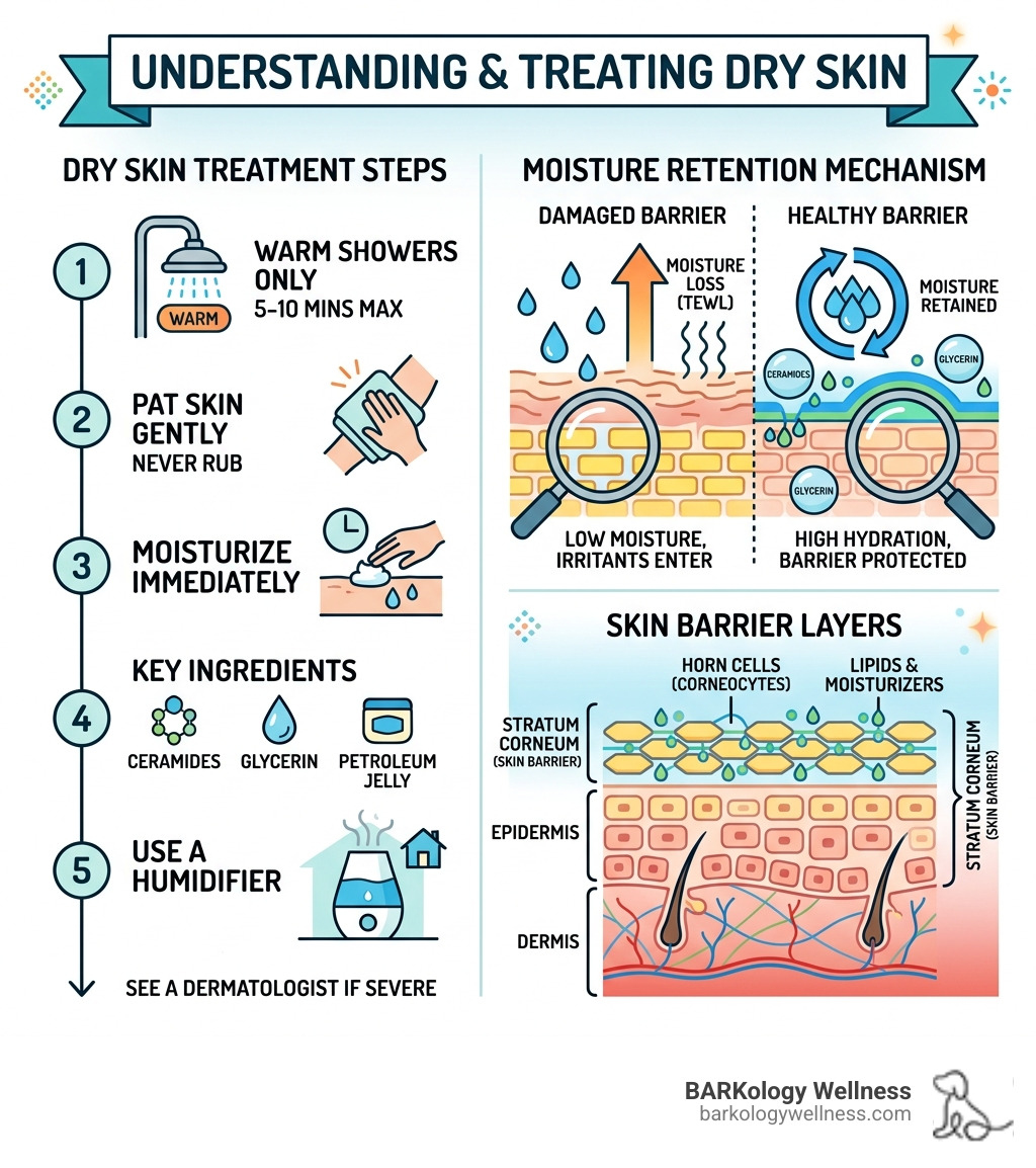 infographic showing dry skin treatment steps, moisture retention, and skin barrier layers - Dry skin treatment infographic infographic showing dry skin treatment steps, moisture retention, and skin barrier layers - Dry skin treatment infographic