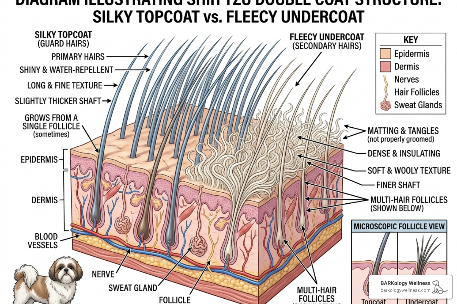 Diagram showing the difference between a Shih Tzu's silky topcoat and fleecy undercoat - shih tzu grooming