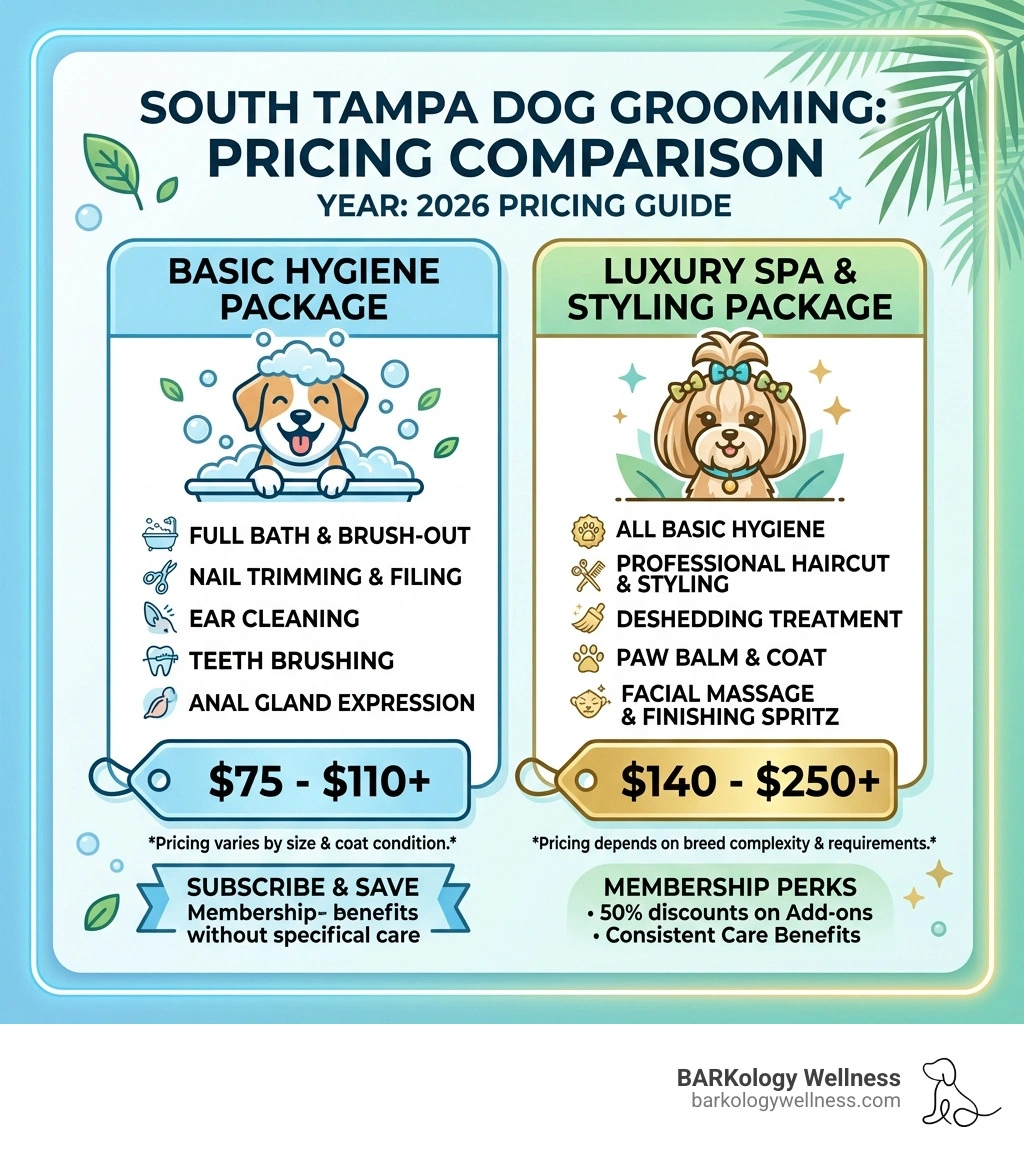 Table comparing South Tampa dog grooming prices for basic hygiene versus luxury spa packages - Dog groomer South Tampa Table comparing South Tampa dog grooming prices for basic hygiene versus luxury spa packages - Dog groomer South Tampa