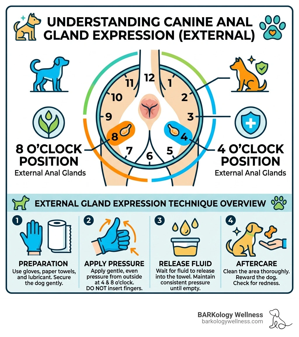 infographic showing dog anal gland positions at 4 and 8 o'clock with expression technique overview - External gland infographic showing dog anal gland positions at 4 and 8 o'clock with expression technique overview - External gland
