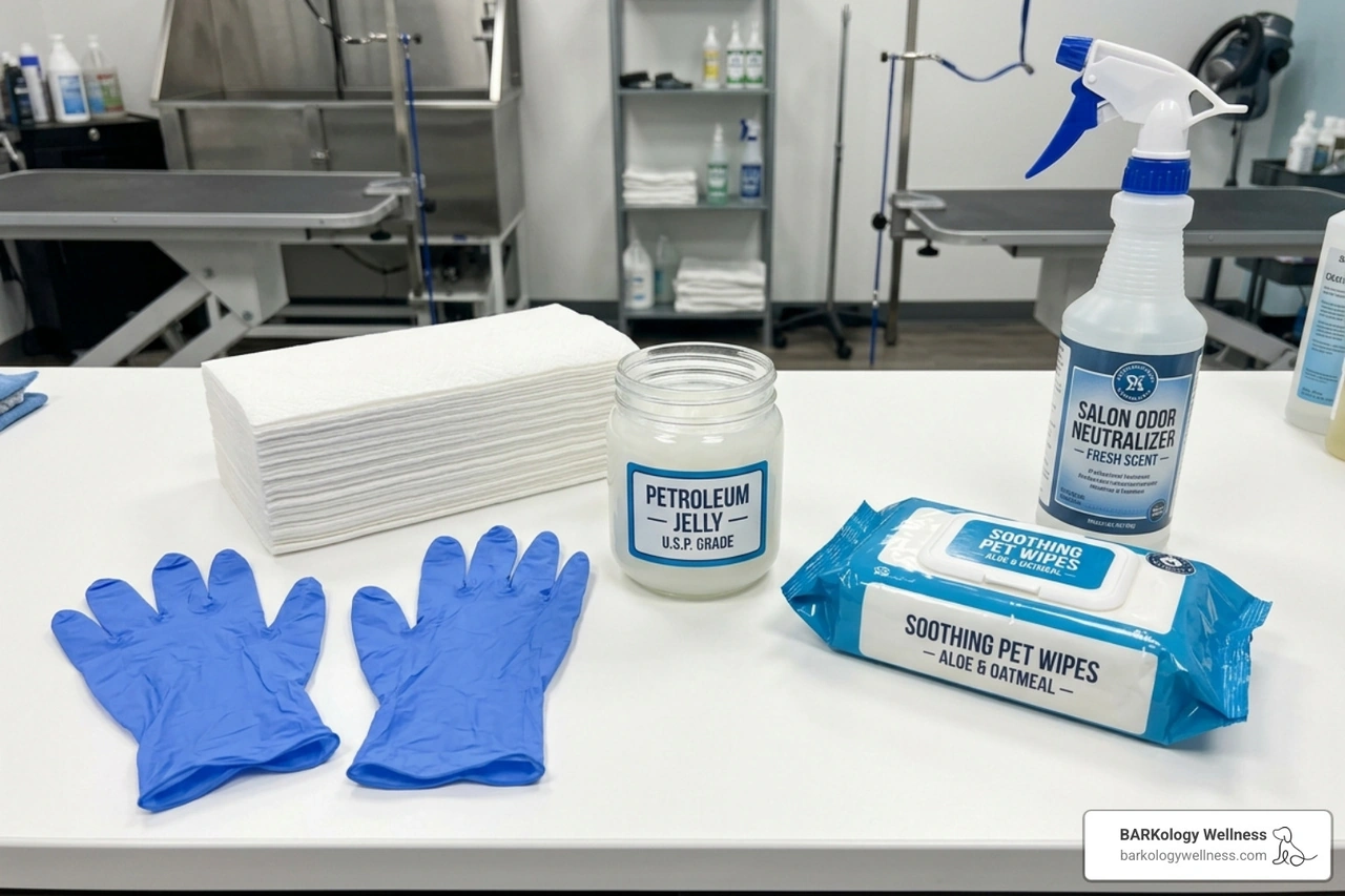 Grooming supplies for anal gland expression including gloves and wipes - External gland expression Grooming supplies for anal gland expression including gloves and wipes - External gland expression