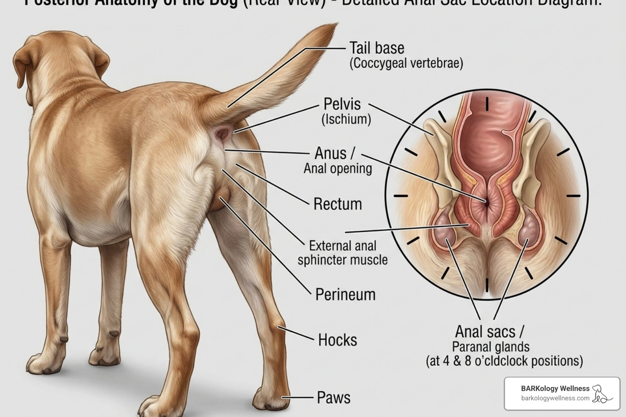 Anatomy of a dog's posterior showing the location of anal sacs - External gland expression Anatomy of a dog's posterior showing the location of anal sacs - External gland expression