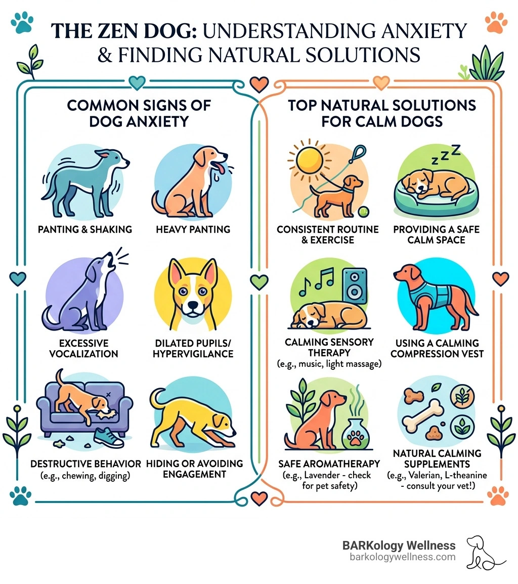 infographic showing common signs of dog anxiety and top natural solutions side by side - solutions for anxious dogs