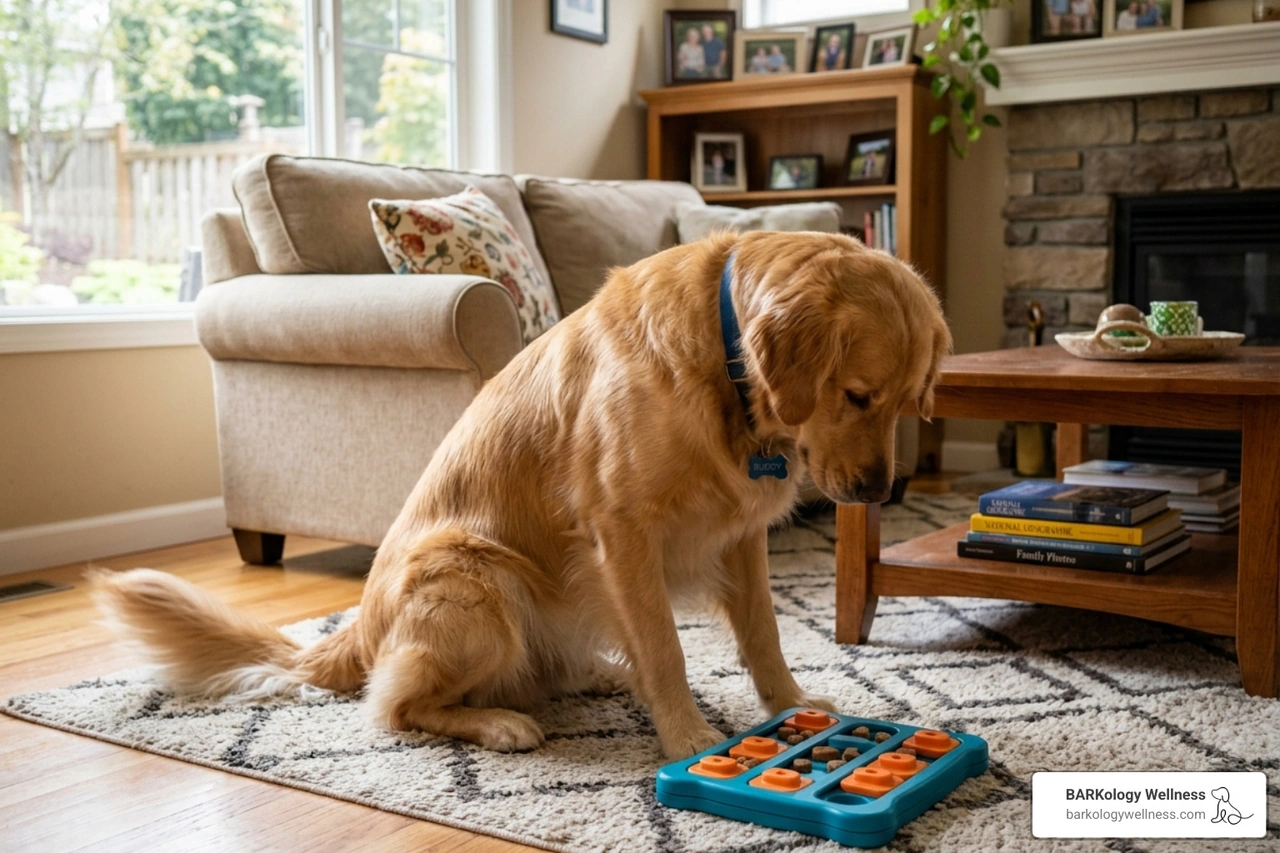 a happy dog focused on a puzzle toy filled with treats - solutions for anxious dogs