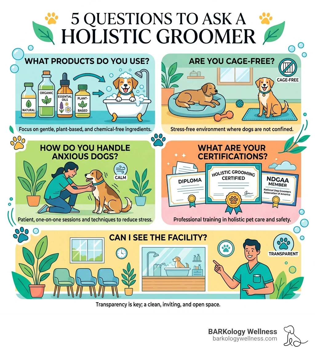 Infographic: 5 Questions to Ask a Holistic Groomer - What products do you use? Are you cage-free? How do you handle anxious Infographic: 5 Questions to Ask a Holistic Groomer - What products do you use? Are you cage-free? How do you handle anxious