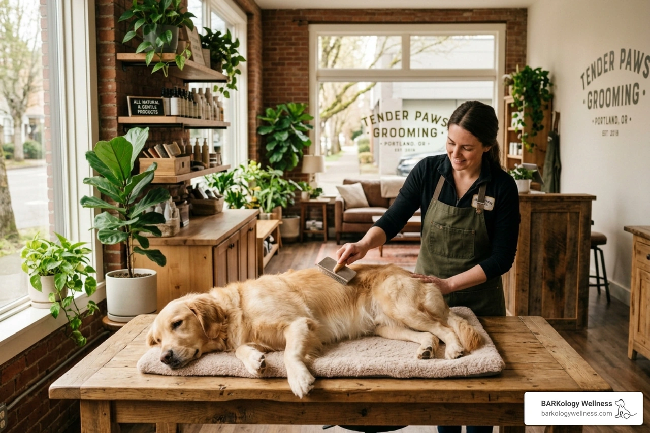 A serene, cage-free grooming salon environment with soft lighting and a calm dog - holistic dog groomer near me A serene, cage-free grooming salon environment with soft lighting and a calm dog - holistic dog groomer near me