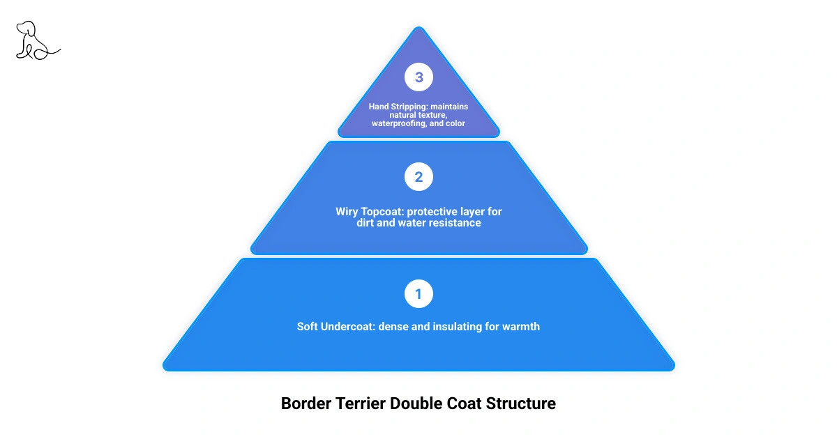 Infographic showing Border Terrier double coat layers, hand stripping vs clipping, and care frequency schedule infographic