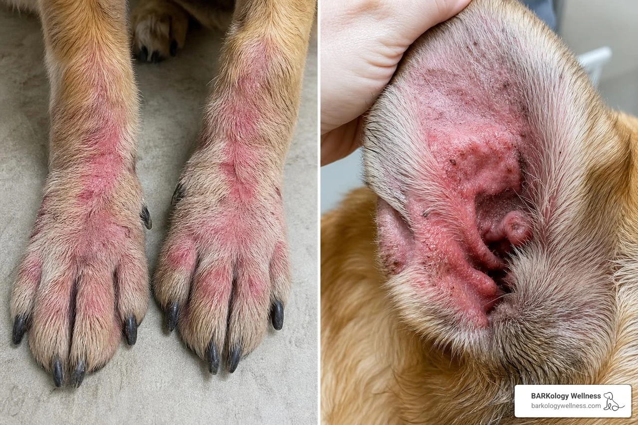 red dog paws and inflamed ears needing veterinary evaluation