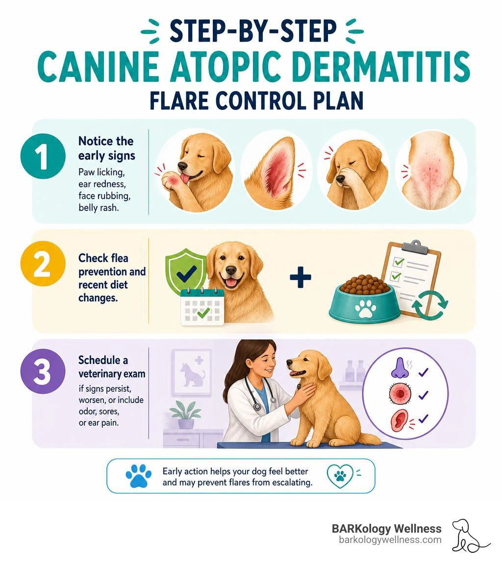 step by step canine atopic dermatitis flare control plan infographic