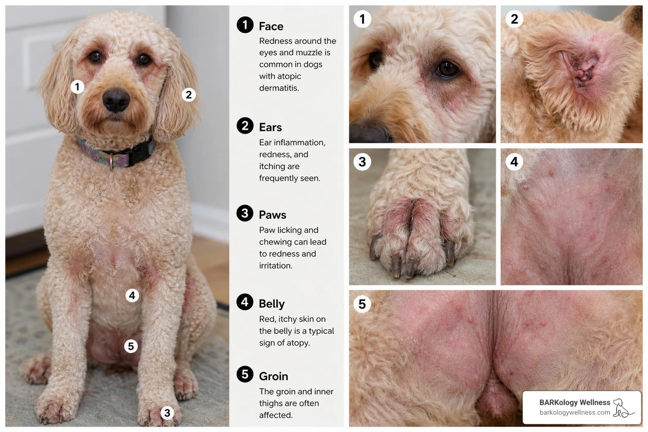 common canine atopic dermatitis lesion locations on dog face paws ears belly groin