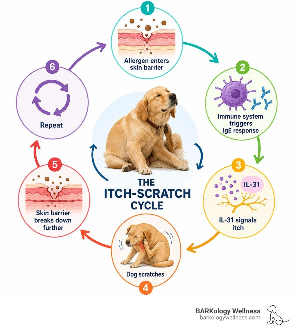 Infographic showing the itch-scratch cycle in dogs with atopic dermatitis: allergen enters skin barrier, immune system
