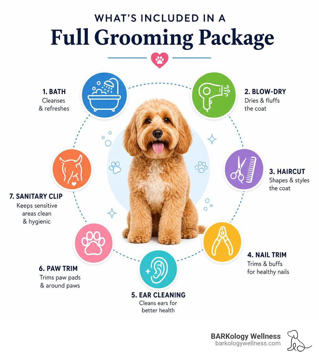 Infographic showing what a full grooming package includes: bath, blow-dry, haircut, nail trim, ear cleaning, paw trim Infographic showing what a full grooming package includes: bath, blow-dry, haircut, nail trim, ear cleaning, paw trim