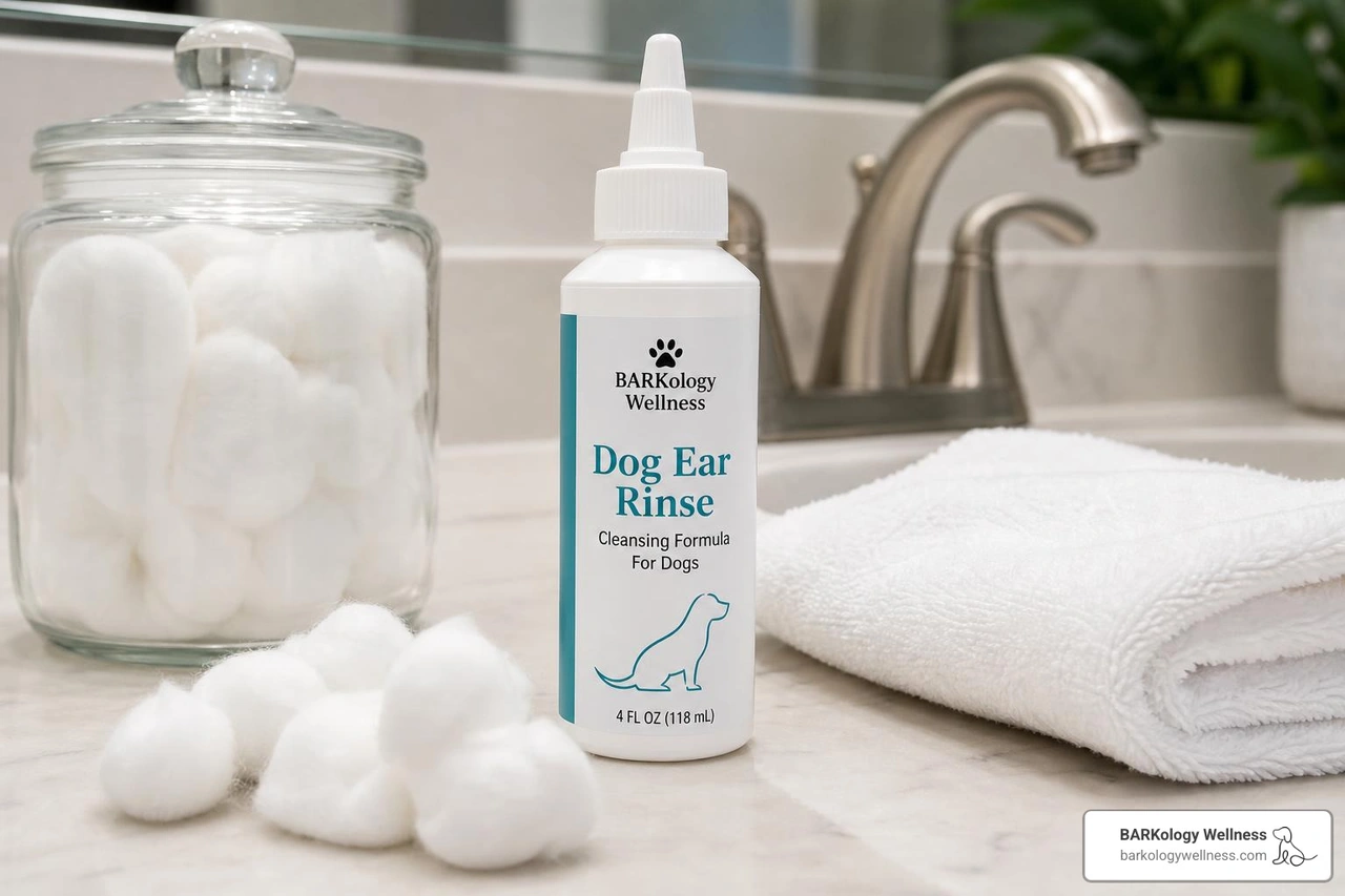 dog ear cleaning supplies cotton ball towel and ear rinse