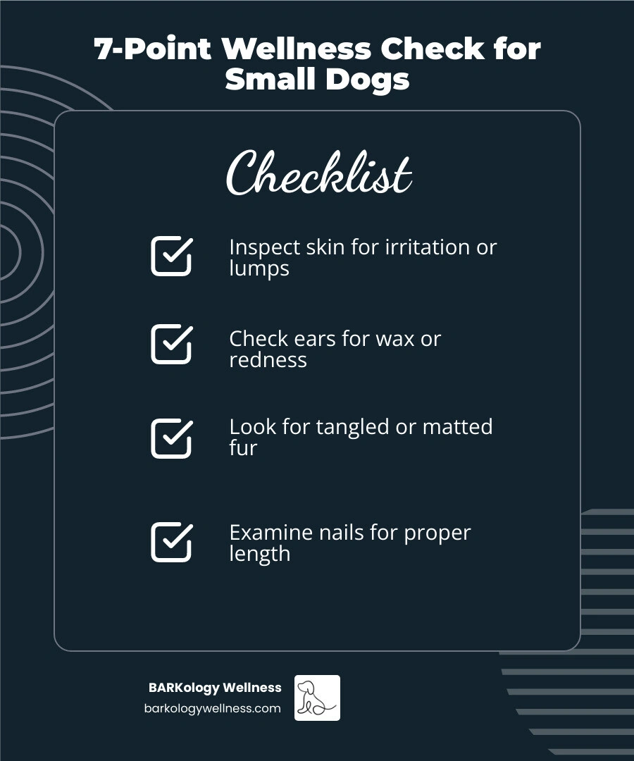 Infographic showing 7 essential grooming tasks for small dogs with recommended frequency infographic Infographic showing 7 essential grooming tasks for small dogs with recommended frequency infographic