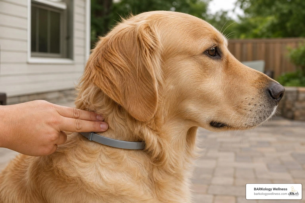 A dog wearing a properly fitted Seresto flea collar, showing the two-finger gap rule for safety A dog wearing a properly fitted Seresto flea collar, showing the two-finger gap rule for safety