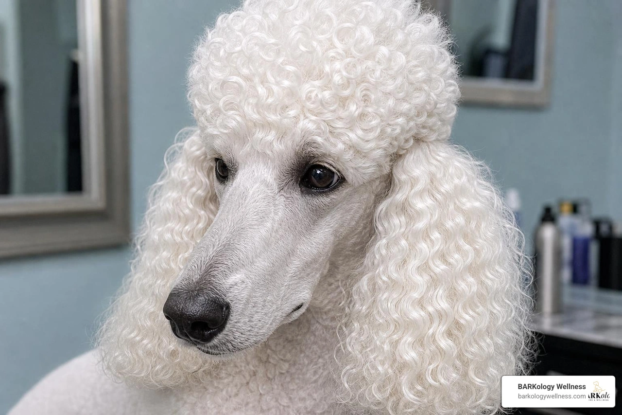 Poodle topknot and ear feathering after finishing spray Poodle topknot and ear feathering after finishing spray