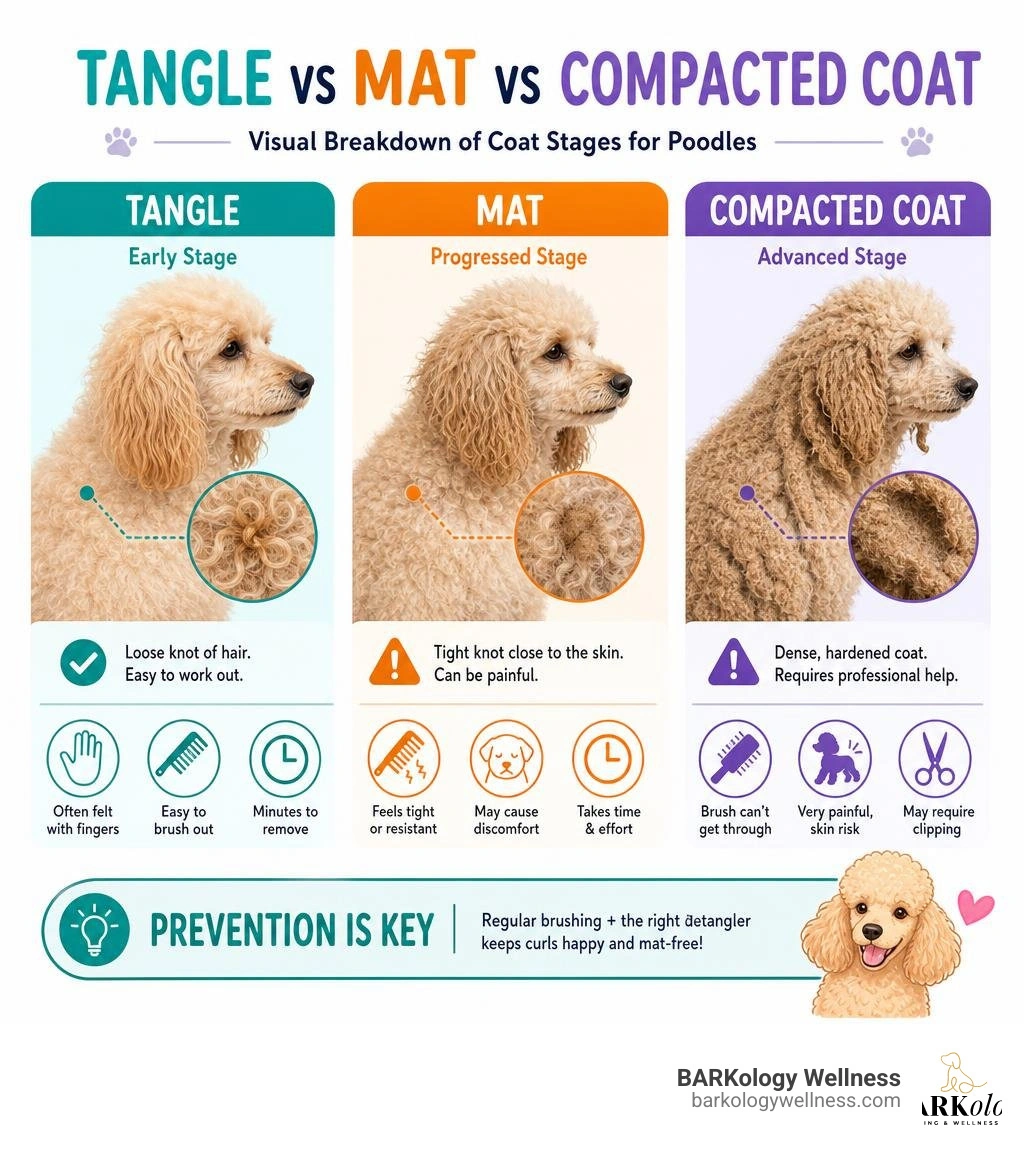 Tangle vs mat vs compacted coat infographic for poodles, visual breakdown of coat stages infographic Tangle vs mat vs compacted coat infographic for poodles, visual breakdown of coat stages infographic