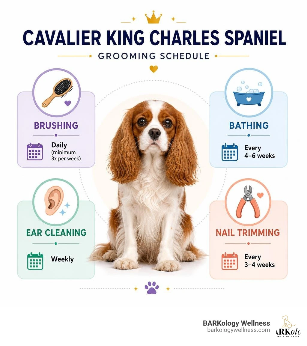 Cavalier King Charles Spaniel grooming schedule infographic with brushing, bathing, ear cleaning, and nail trimming Cavalier King Charles Spaniel grooming schedule infographic with brushing, bathing, ear cleaning, and nail trimming