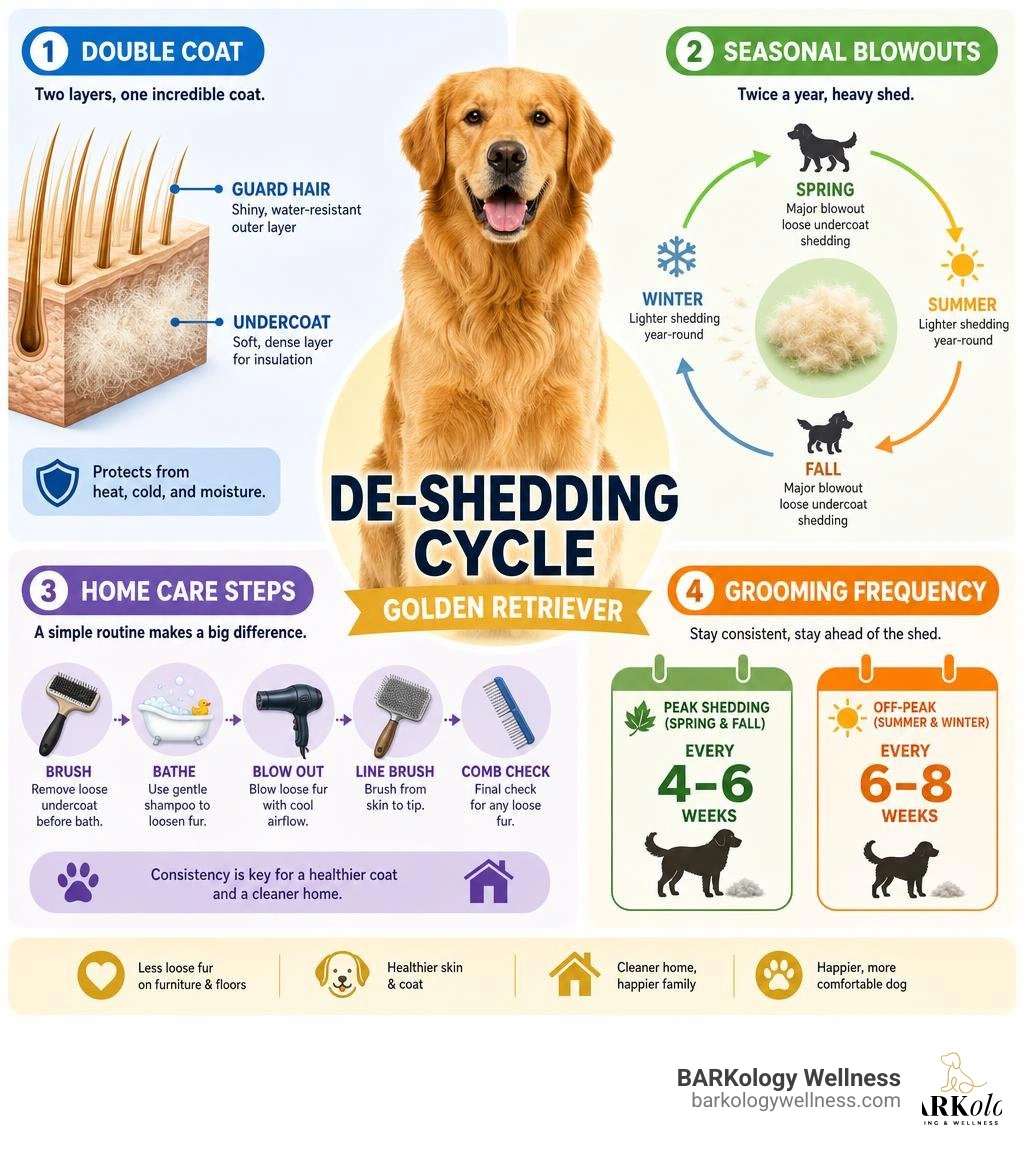 Golden Retriever de-shedding cycle infographic: double coat, seasonal blowouts, home care steps, and grooming frequency Golden Retriever de-shedding cycle infographic: double coat, seasonal blowouts, home care steps, and grooming frequency