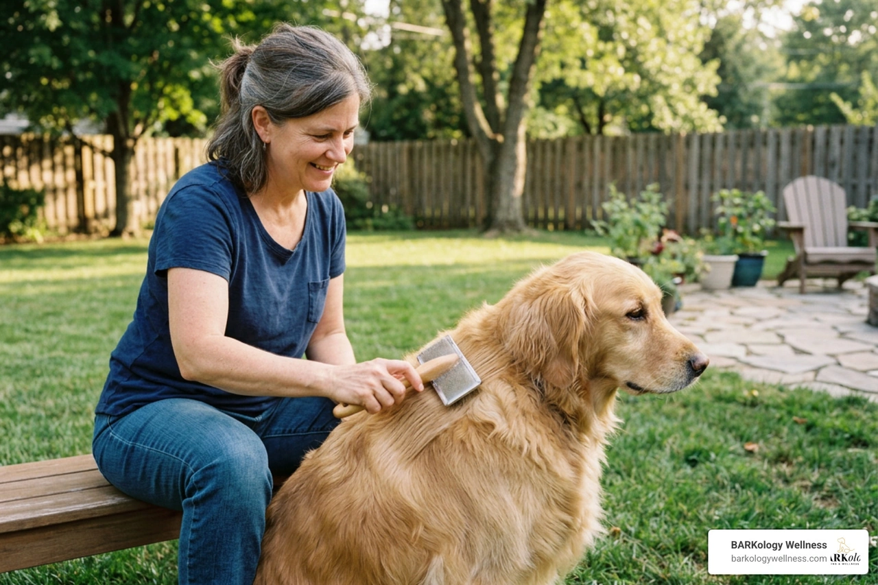 Proper dog brushing technique showing line brushing and direction of hair growth Proper dog brushing technique showing line brushing and direction of hair growth