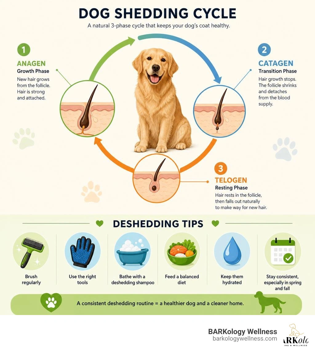 Dog shedding cycle infographic showing anagen, catagen, telogen phases and deshedding tips infographic Dog shedding cycle infographic showing anagen, catagen, telogen phases and deshedding tips infographic