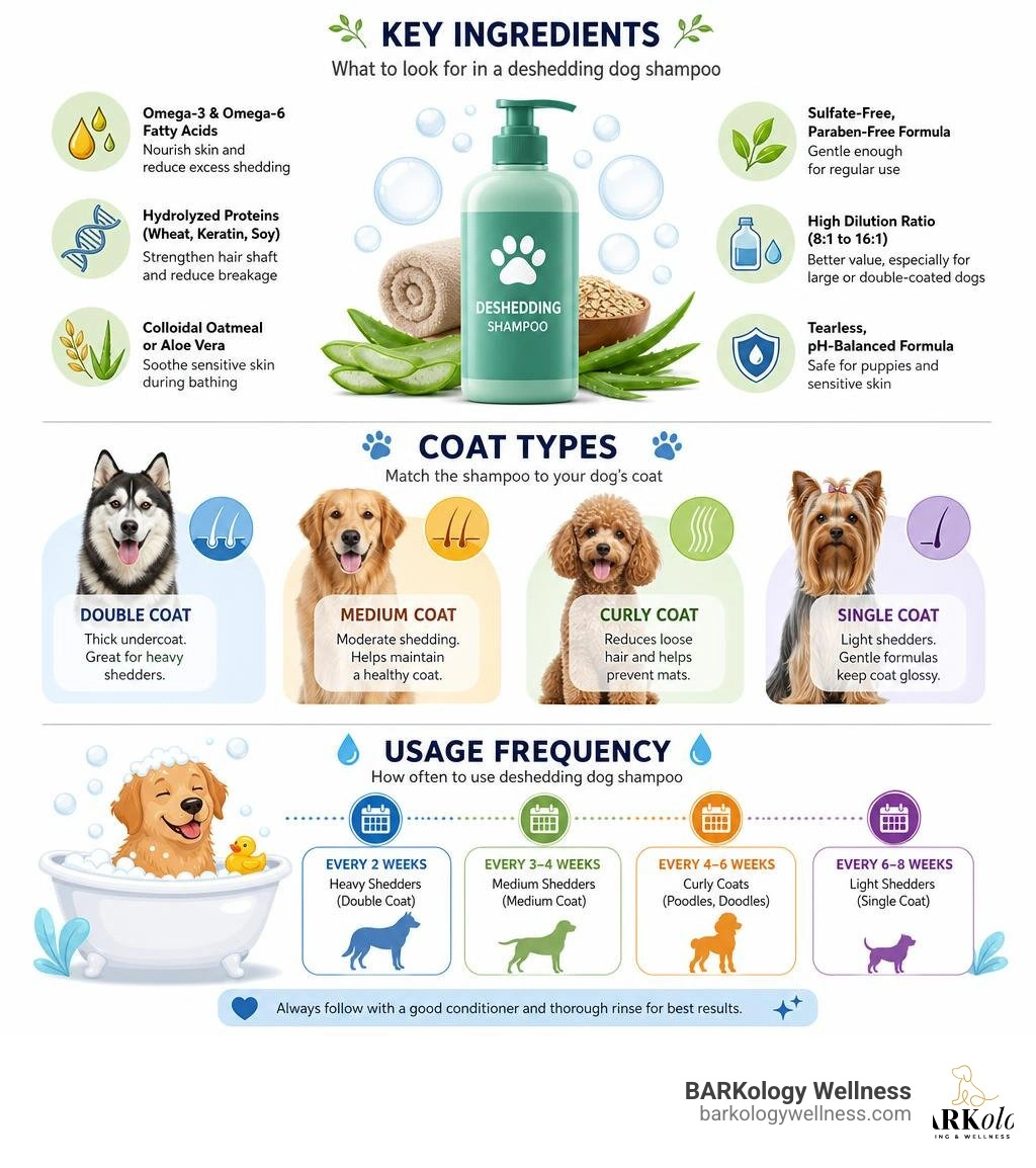 Infographic showing key ingredients, coat types, and usage frequency for deshedding dog shampoo infographic