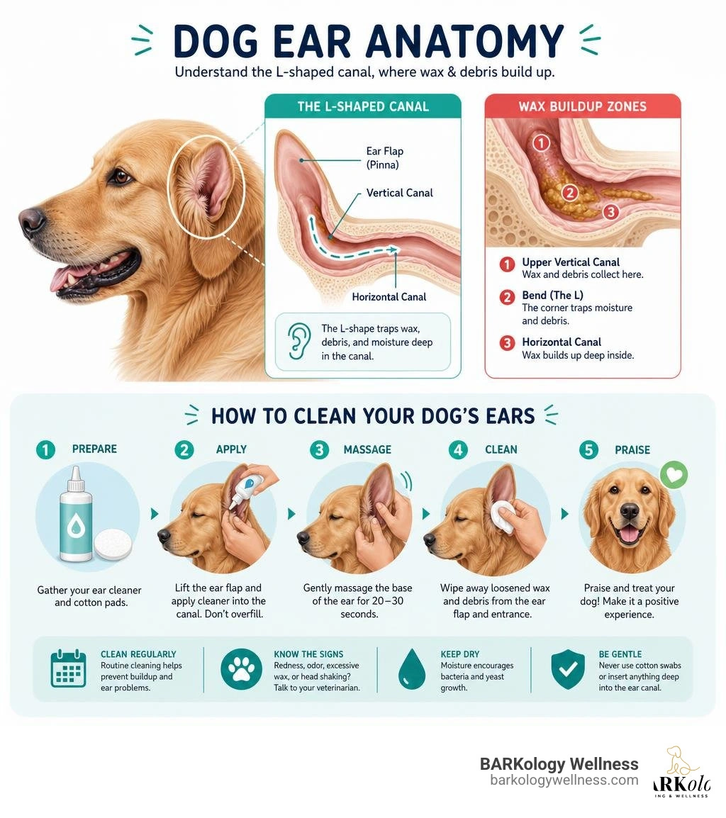Dog ear anatomy infographic showing L-shaped canal, wax buildup zones, and cleaning steps infographic Dog ear anatomy infographic showing L-shaped canal, wax buildup zones, and cleaning steps infographic